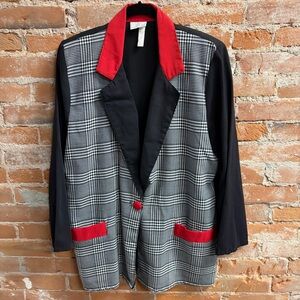 VTG Bobbie Brooks Black Red White Plaid Houndstooth Blazer Jacket Women’s Medium